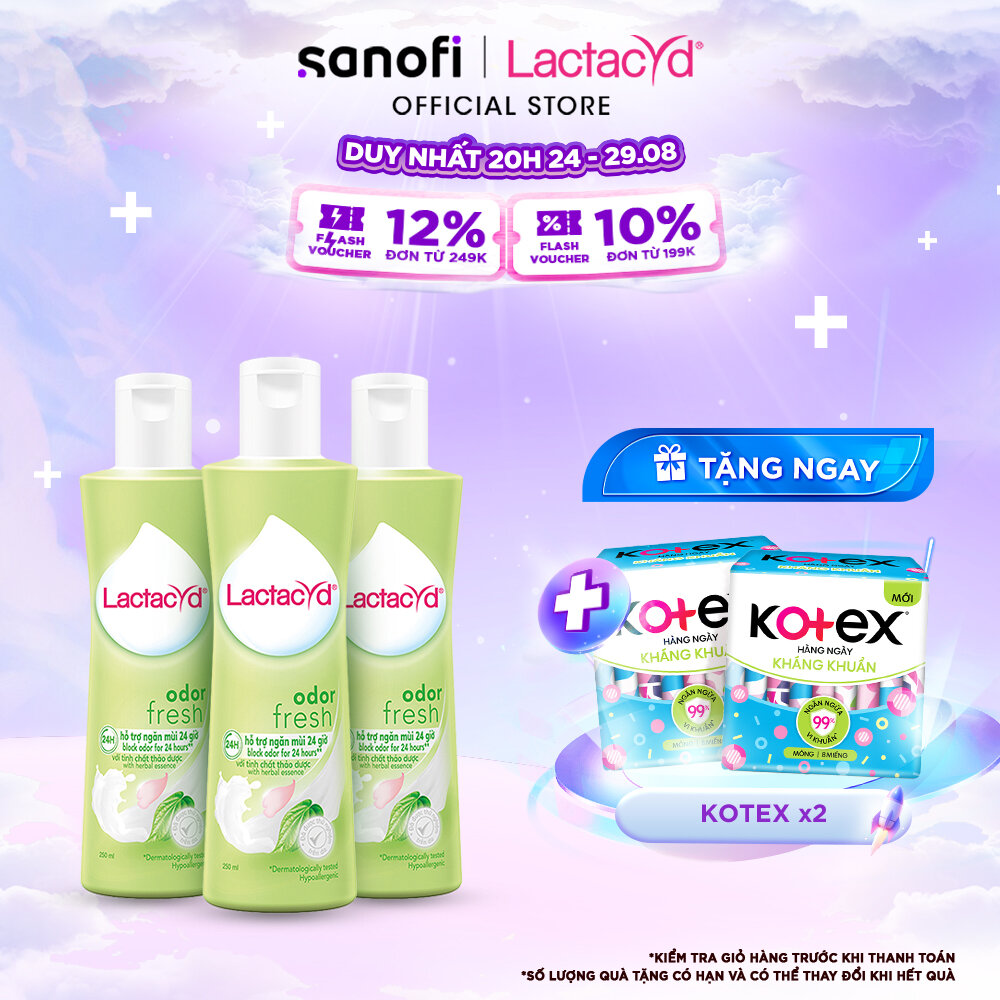 Bộ 3 chai Dung Dịch Vệ Sinh Phụ Nữ Lactacyd Odor Fresh Ngăn Mùi 24H 250ml/chai
