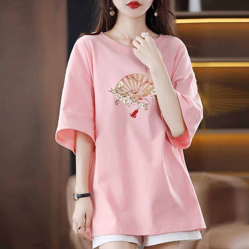 Áo Thun Nữ Tay Ngắn Phong Cách Trung Quốc, Áo Thun in Họa Tiết Mùa Hè, Cổ Tròn, Dài Vừa Phải, Thường Ngày, Tay Ngắn, Trung Tính
