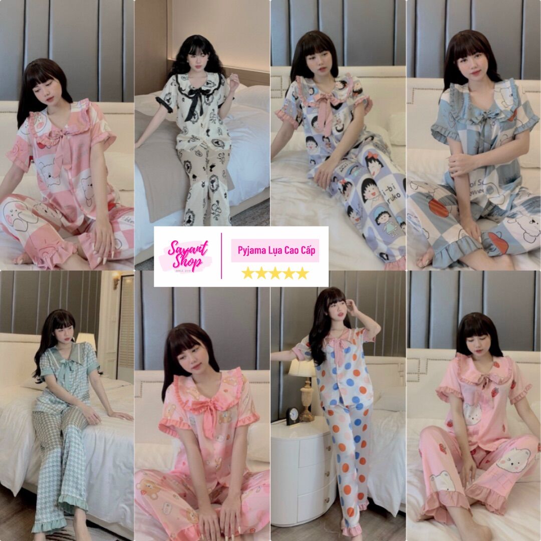 Đồ bộ pyjama lụa satin cổ bèo dễ thương tay ngắn quần dài - savant shop