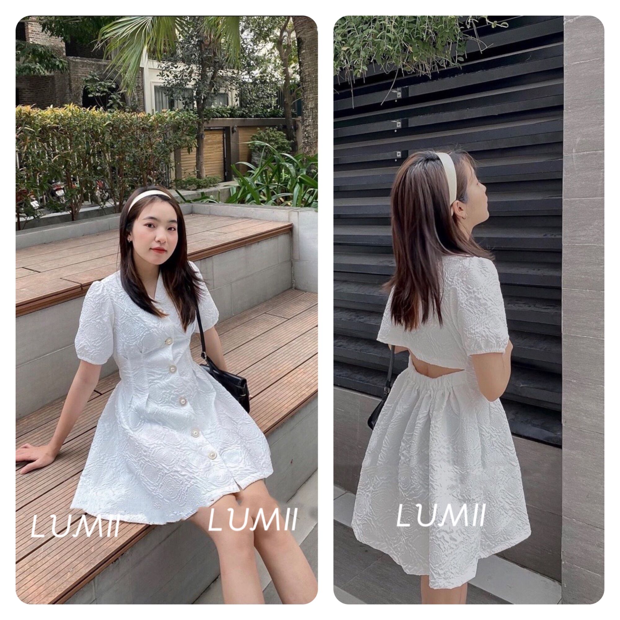 Đầm - Váy gấm Cut Out lưng chun cúc ngọc tay phồng - Lumii