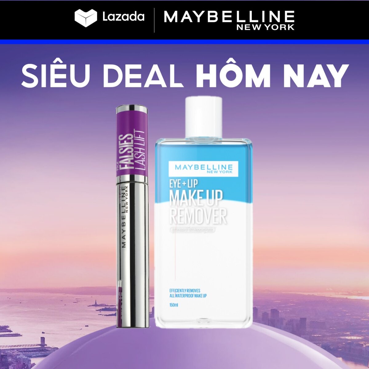 [Bộ Trang Điểm] Bộ Mascara Uốn Mi, Nâng và Làm Dày Mi Falsies Lash Lift 8.6ml và Nước tẩy trang mắt môi 150ml Maybelline New York