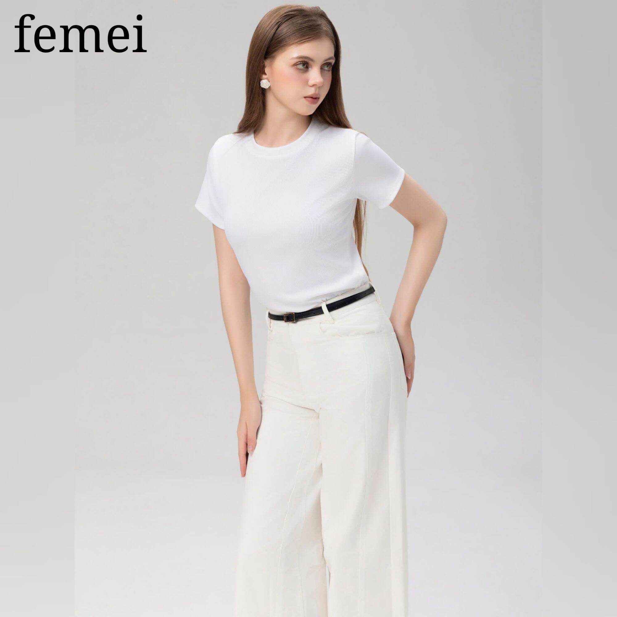 FEMEI - Quần kaki trắng nữ dài ống suông rộng lưng cao hot trend