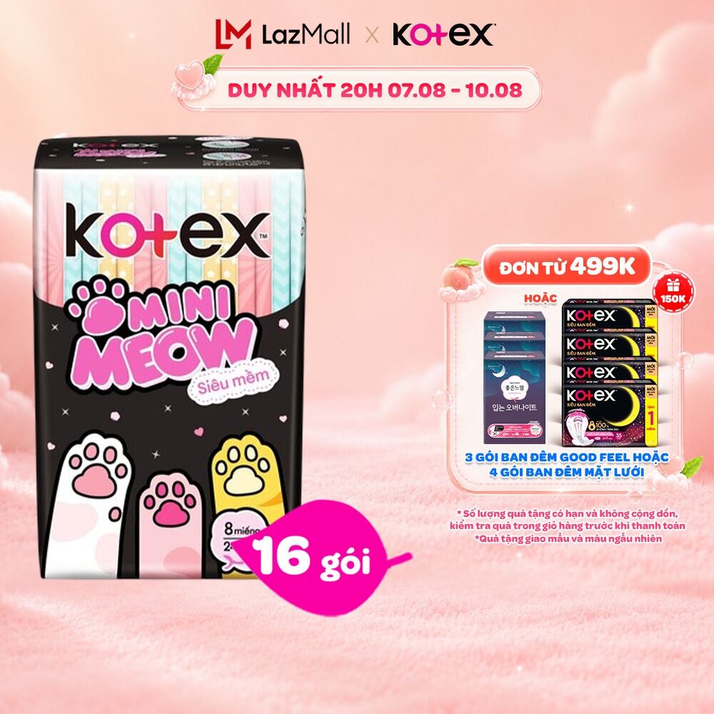 Combo 16 Băng vệ sinh Kotex MiniMeow Siêu mềm siêu mỏng cánh 8 miếng