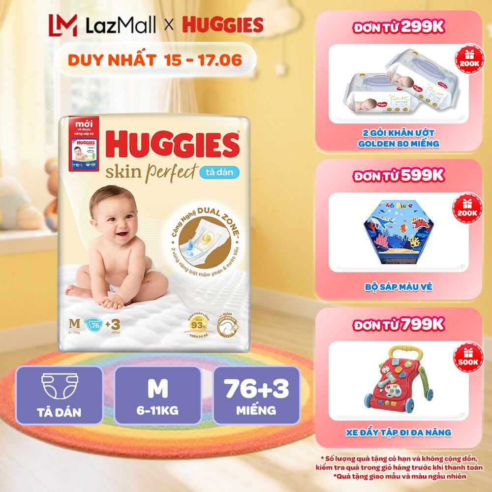 Tã/Bỉm Dán Sơ sinh Huggies Skincare Super Jumbo M76+3/L68/XL60/XXL54 Với 2 Vùng Thấm Giảm Kích Ứng Da