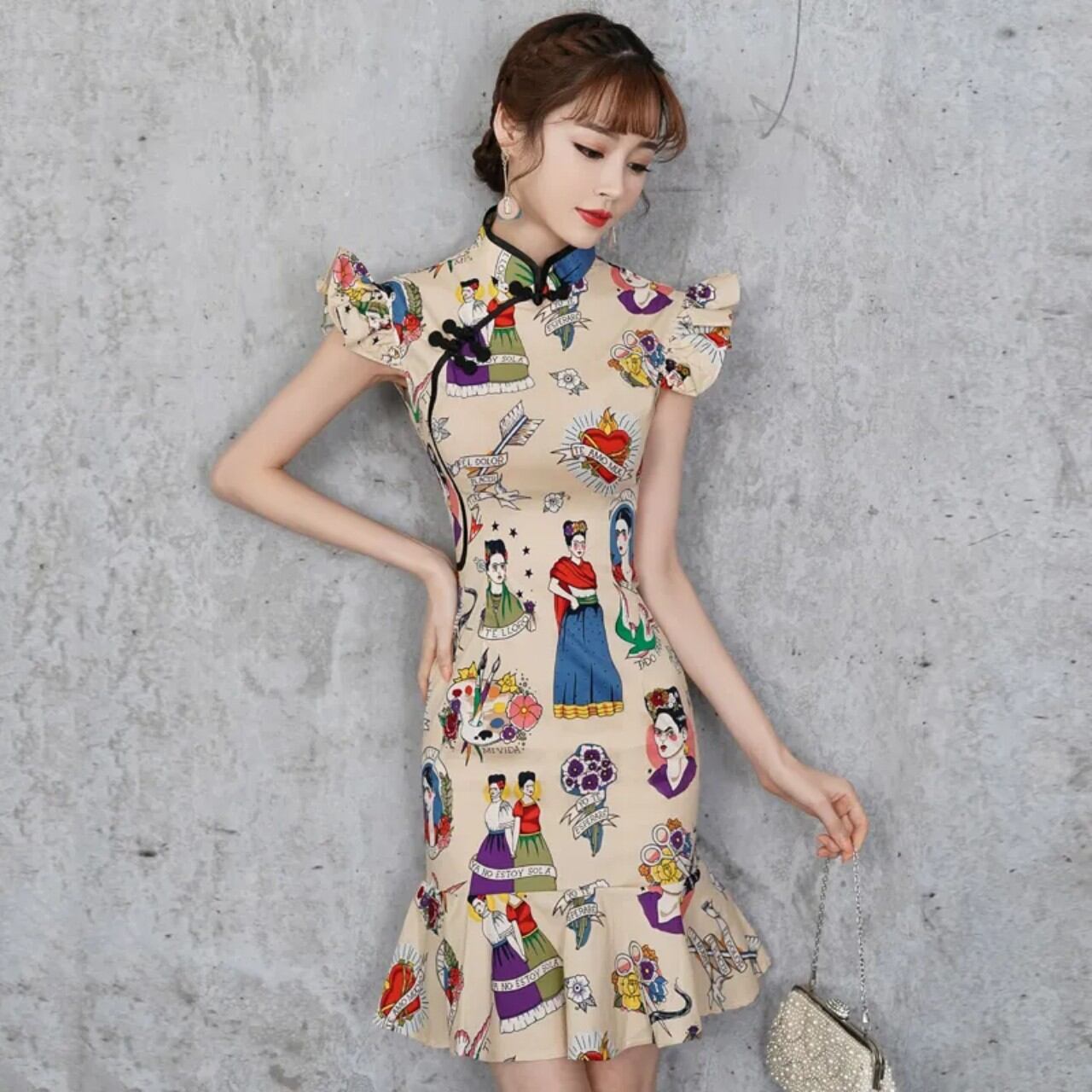 Đầm Sườn Xám Cách Tân Đuôi Cá Hàng Quảng Châu