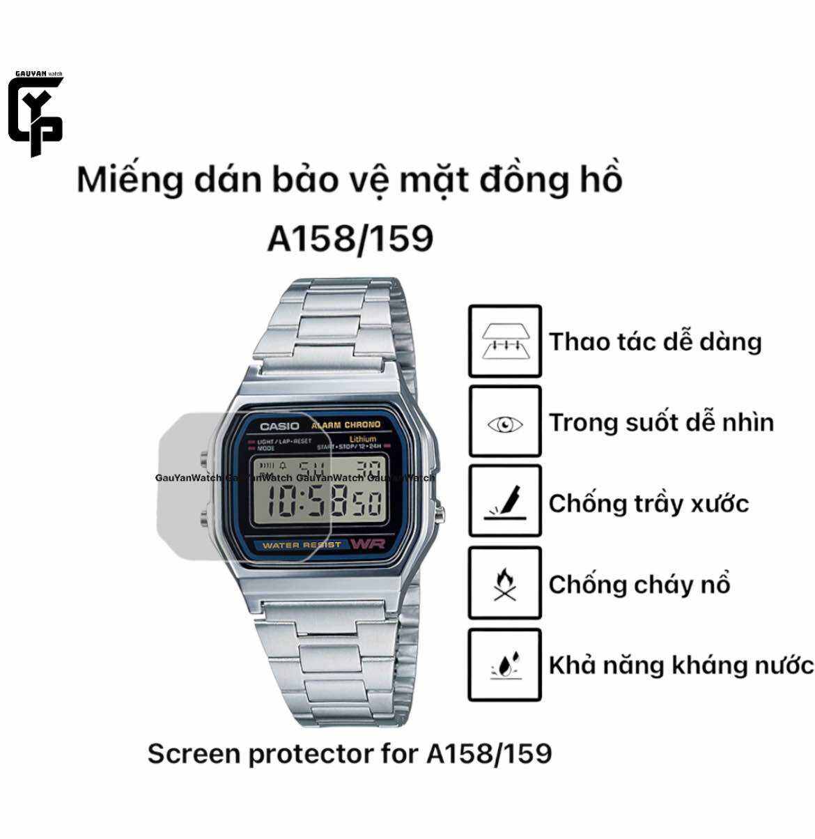 Miếng dán bảo vệ mặt đồng hồ cho Casio A158 và A159