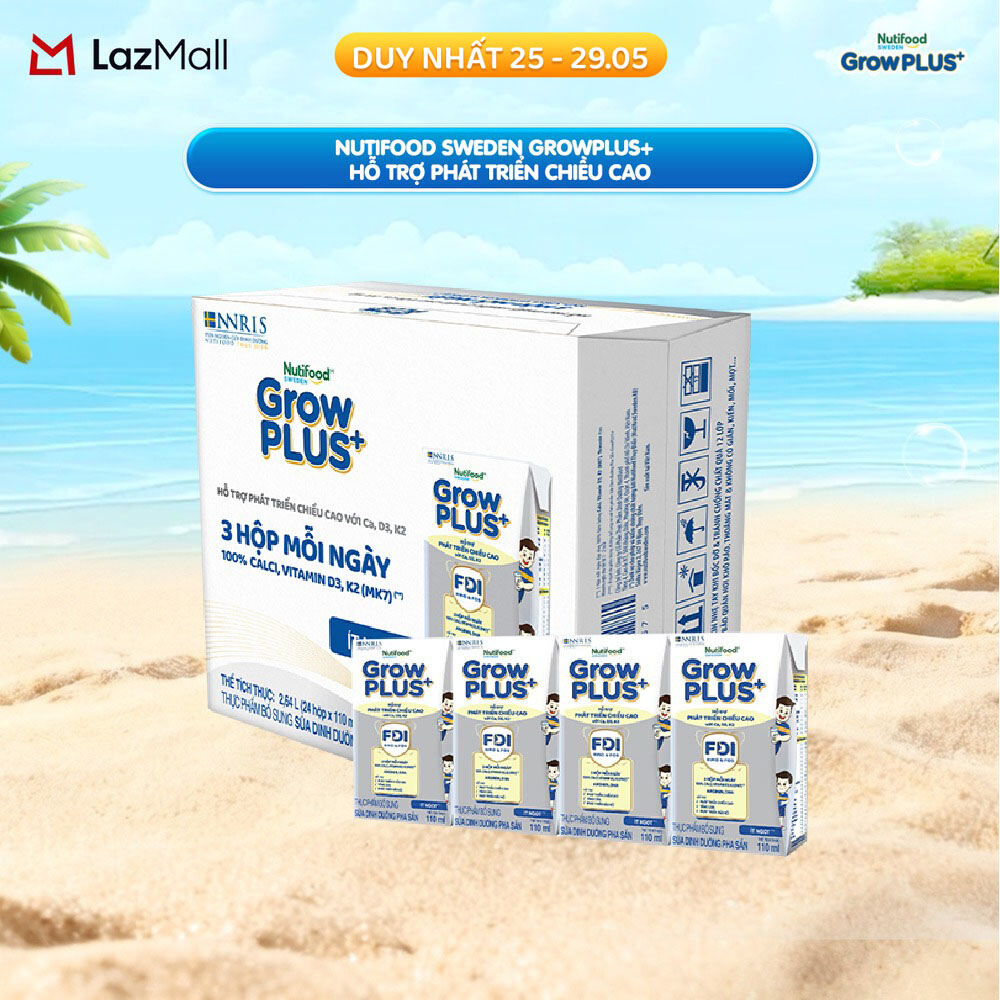 Sữa Bột Pha Sẵn Nutifood Sweden GrowPLUS+ Cao lớn vượt trội - Hỗ trợ phát triển chiều cao hộp  110 ml (24 hộp x 110ml)