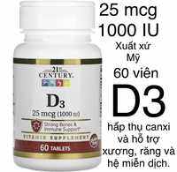 [MỸ] Viên vitamin D3 25 mcg 1000 IU 21 st Century hấp thụ canxi và hỗ trợ xương răng và hệ miễn dịch.