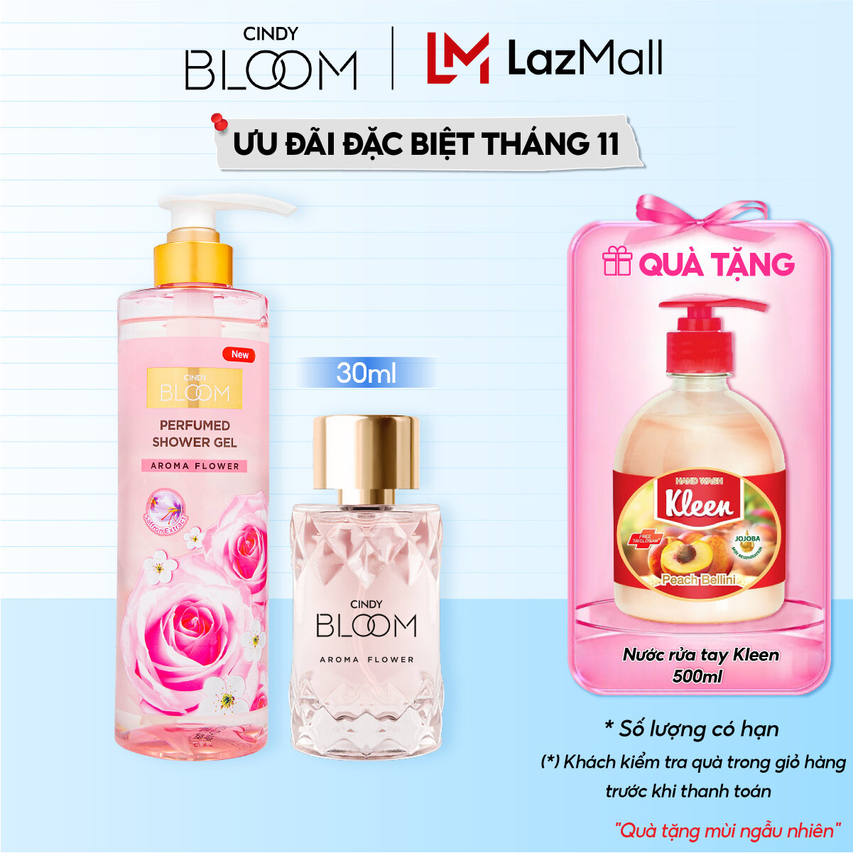 Combo Sữa Tắm + Nước Hoa Cindy Bloom Aroma Flower Ngọt Ngào Nữ Tính 640g + 30ml