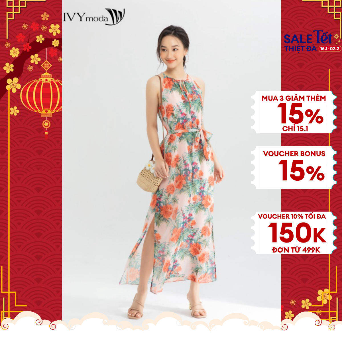 Đầm maxi cổ yếm họa tiết hoa duyên dáng ivy moda ms 41m6699