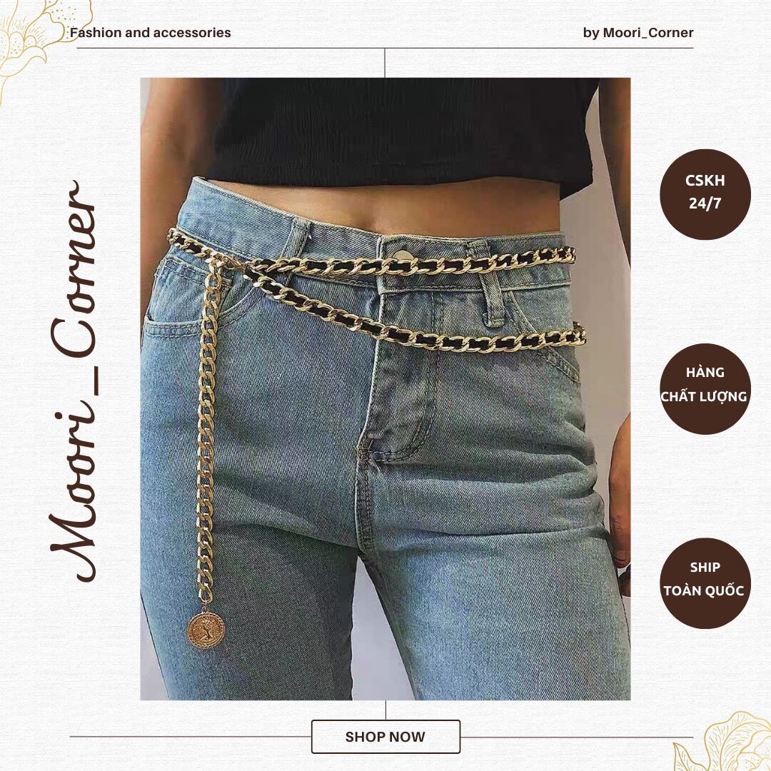 Belt xích/ Thắt lưng kim loại dây xích phối da 2 lớp - Dây xích đai váy thả eo sang chảnh cho phái nữ- Phụ kiện Moori