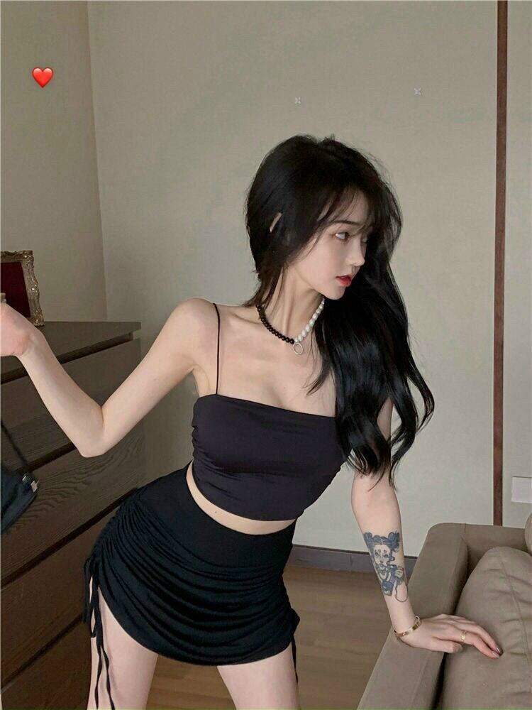 Set áo 2 dây kèm chân váy ôm body nhún cực sexy, combo chân váy rút dây + áo 2 dây sợi bún