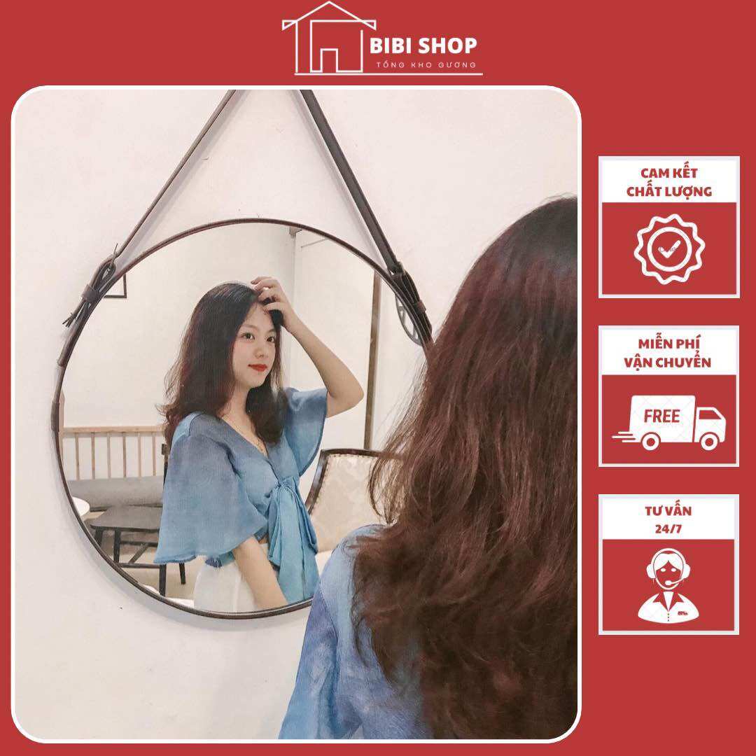 Gương trang điểm treo tường , Gương nhà tắm hình tròn dây da