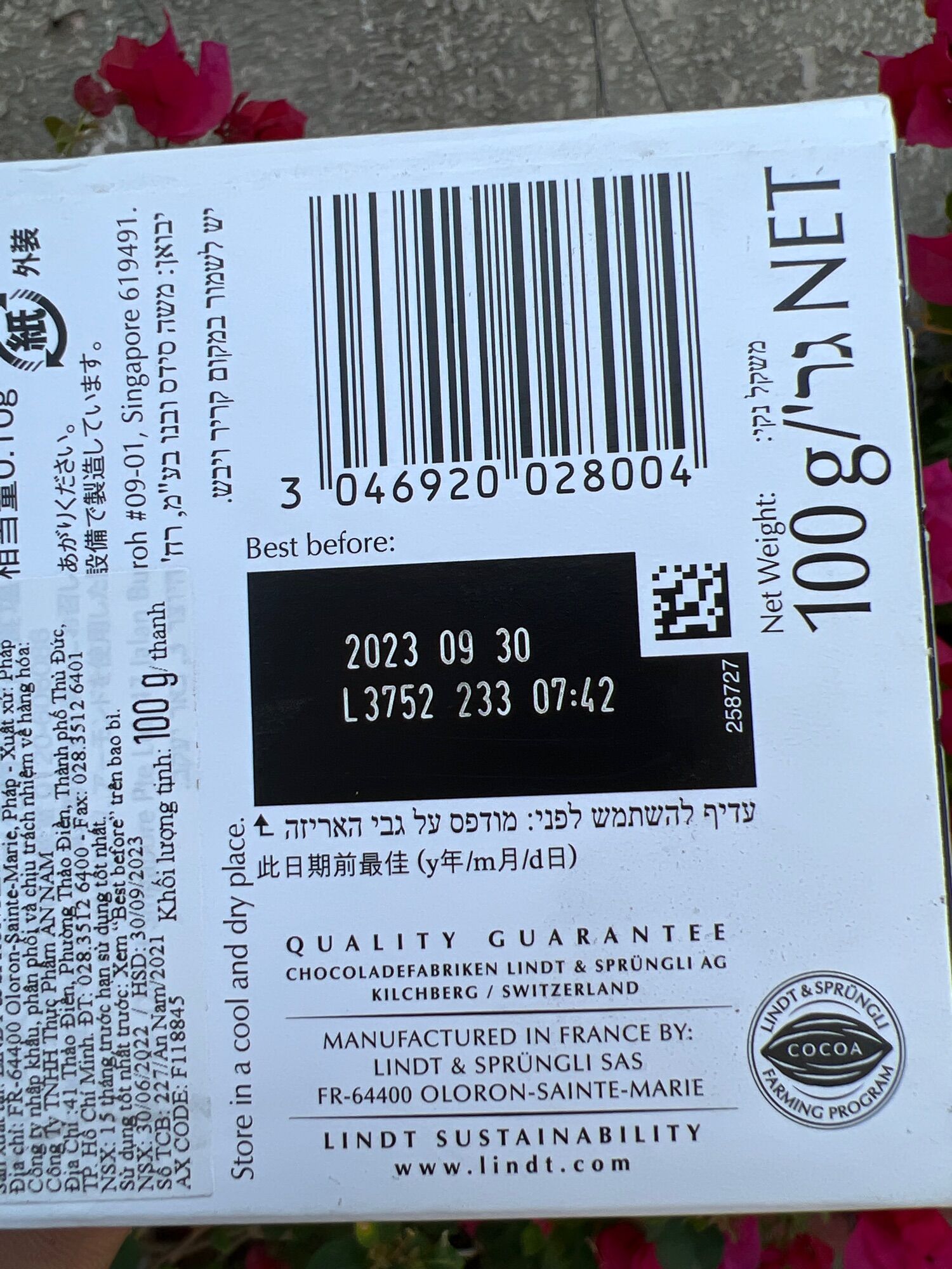 socola Lindt Excellence 70%  thanh 100gr