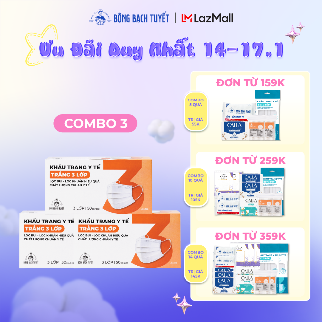 Combo 3 Hộp Khẩu trang Bông Bạch Tuyết 3 lớp trắng (50 cái/hộp)