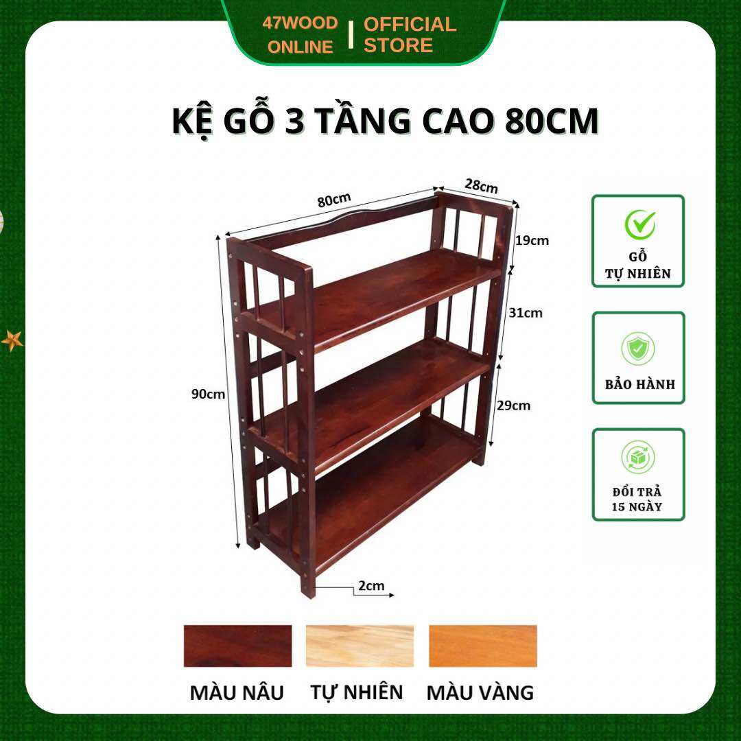 Kệ sách 3 tầng rộng 80cm gỗ cao su 47wood - gía sách 80cm 3 tầng 47wood