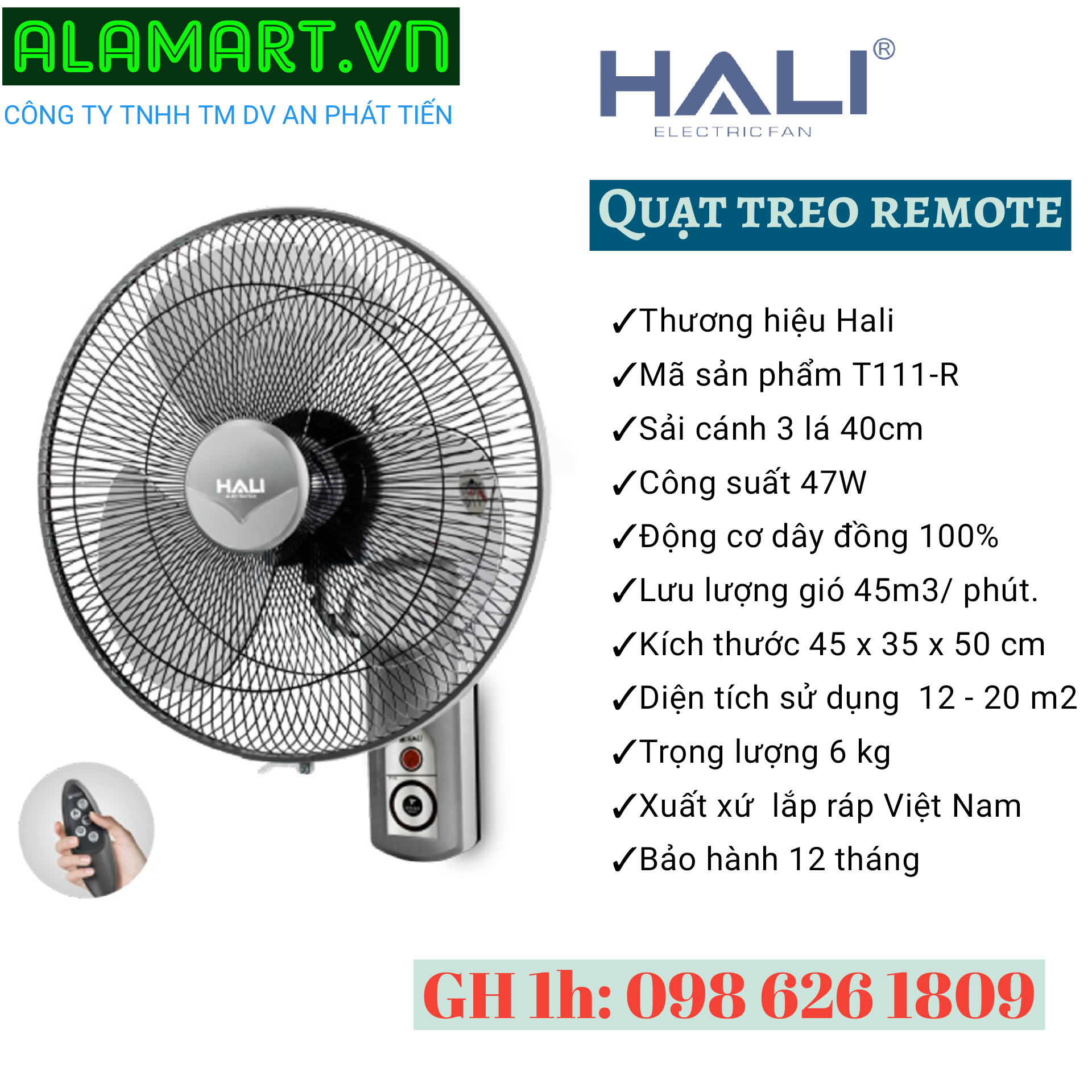 Quạt treo tường remote Hali T111-R