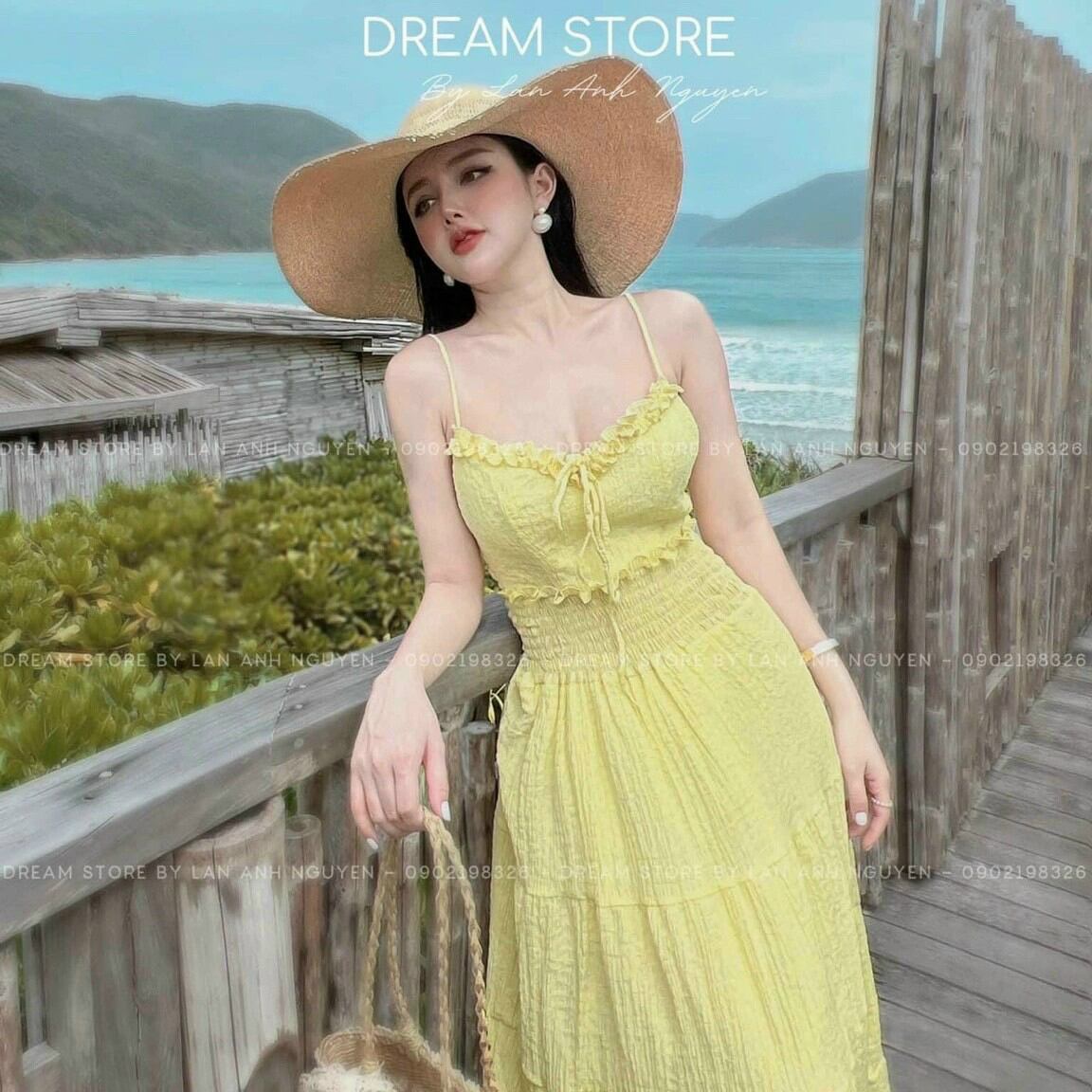Đầm maxi đi biển hai dây nhúng eo có mút ngực