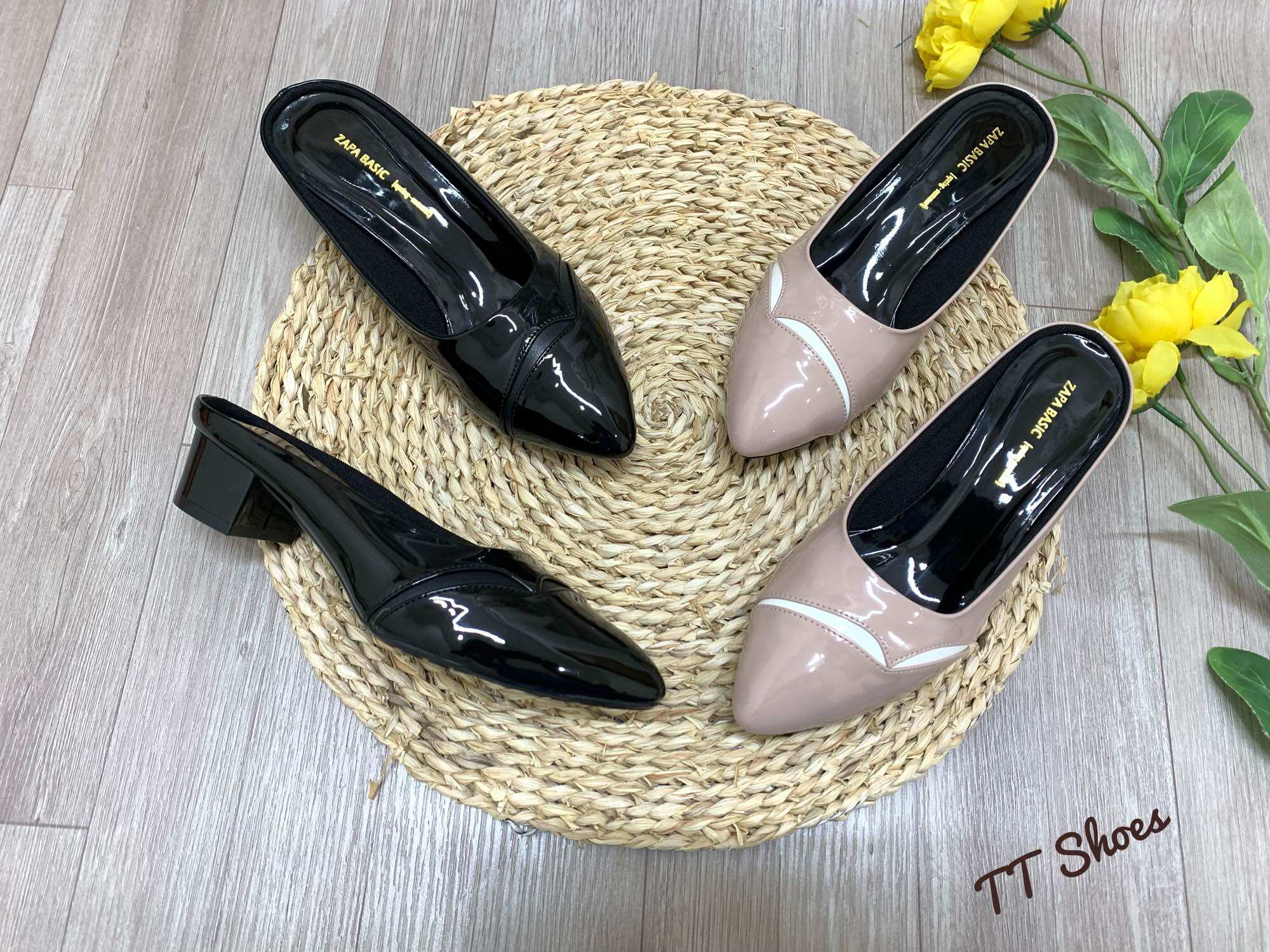 Giày sục nữ trung niên 3cm da bóng phối màu cao cấp đế TPR chống trơn TT Shoes chin3