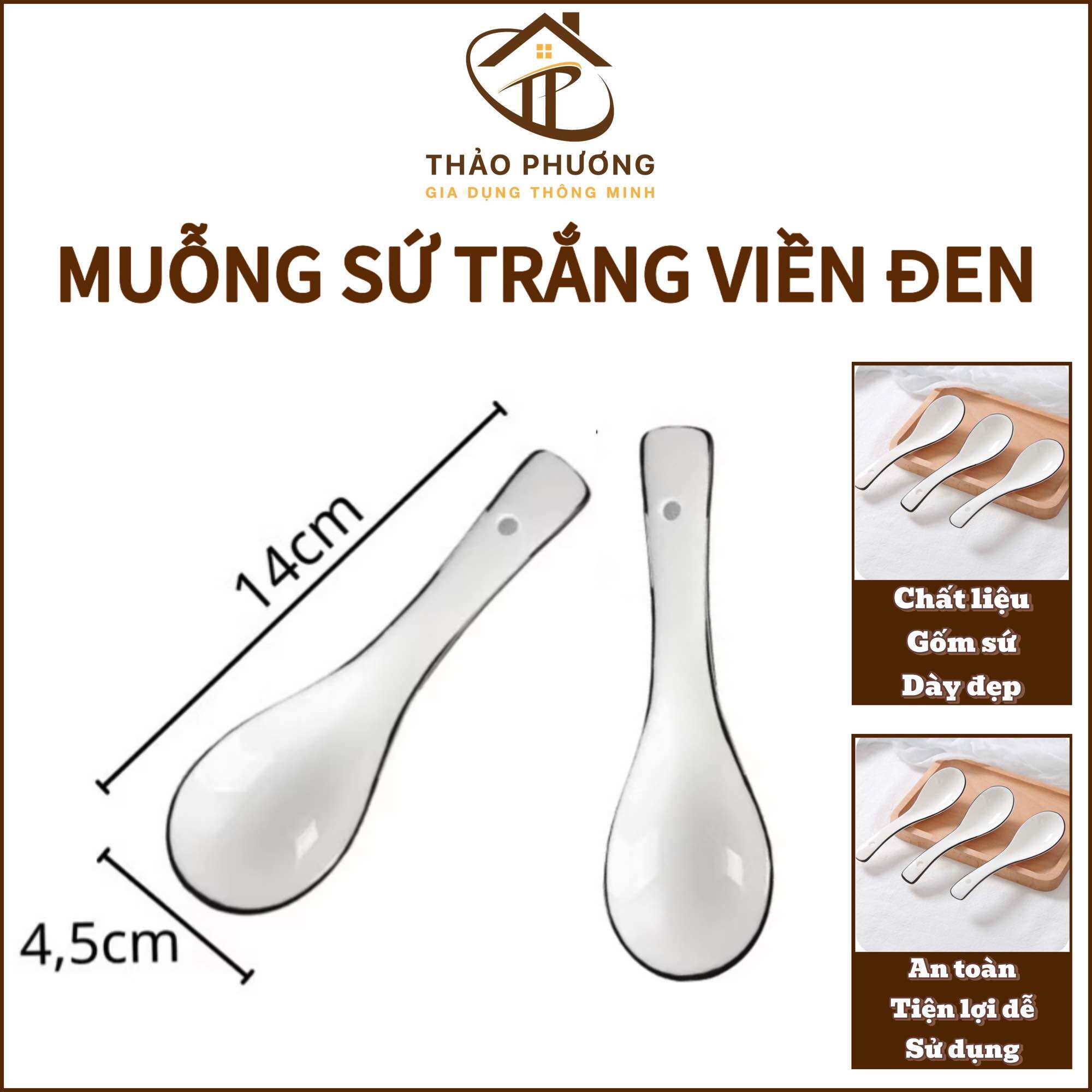  Thìa soup muỗng sứ muỗng sứ trắng viền đen muỗng ăn cơm bằng sứ trắng 