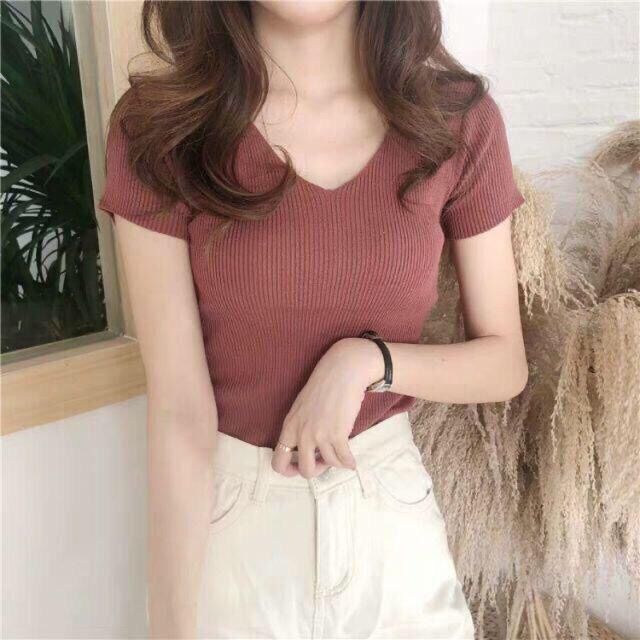 Áo cộc tay cổ tim len tăm Quảng Châu