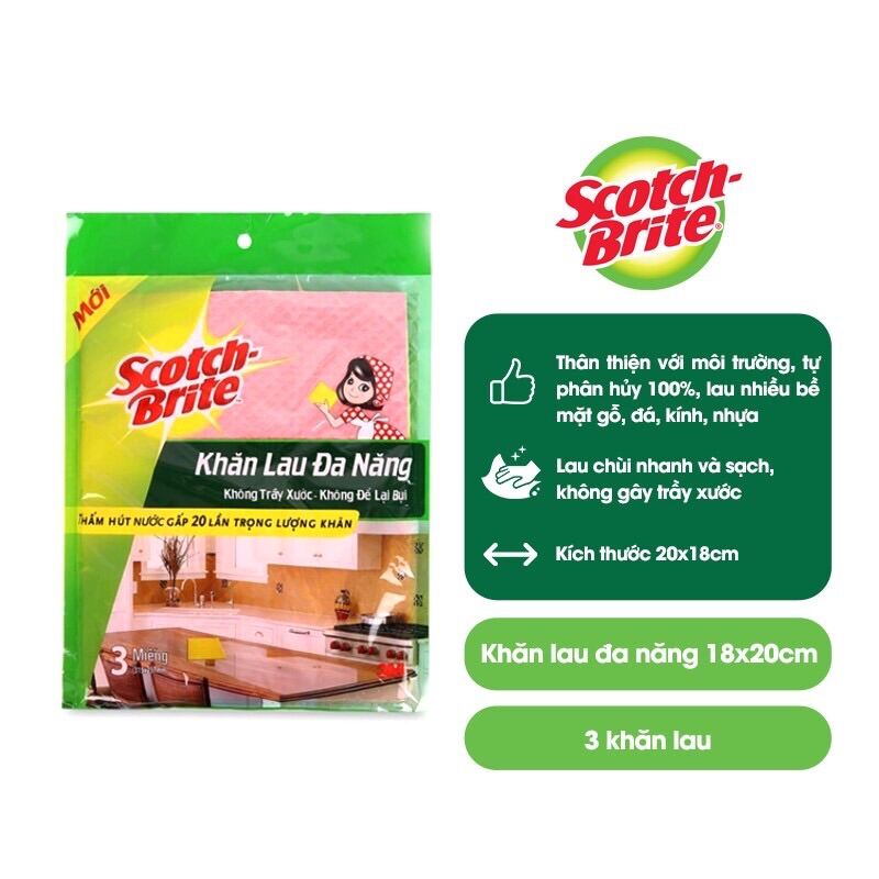 Khăn lau đa năng Scotch Brite sạch vết bẩn không trầy xước (bịch 3 miếng), thấm hút nước gấp 20 lần trọng lượng khăn.