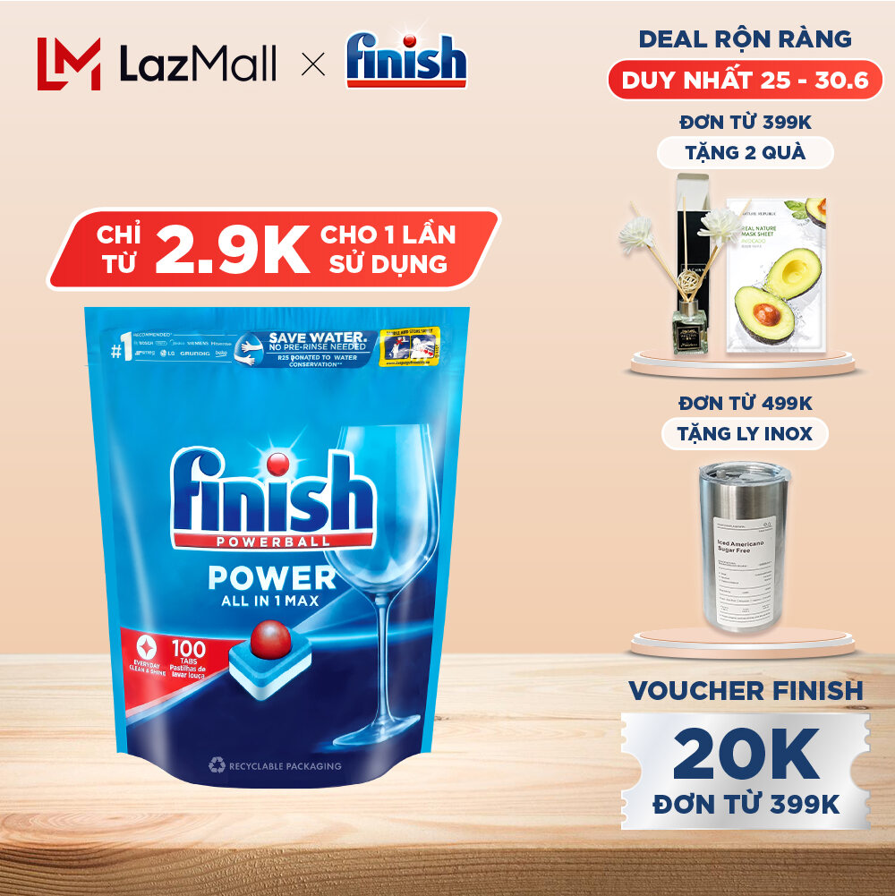 Viên Rửa Chén Bát Finish Powerball Power All In 1 Max - Túi 100 viên siêu tiết kiệm
