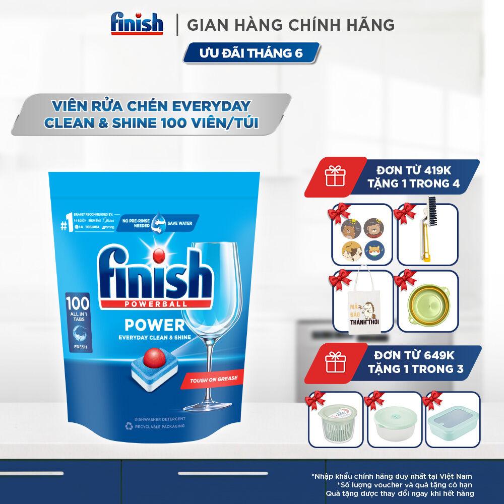 Viên Rửa Chén Bát Hương Chanh Finish Powerball Power Everyday Clean  Shine - Túi 100 viên siêu tiết kiệm
