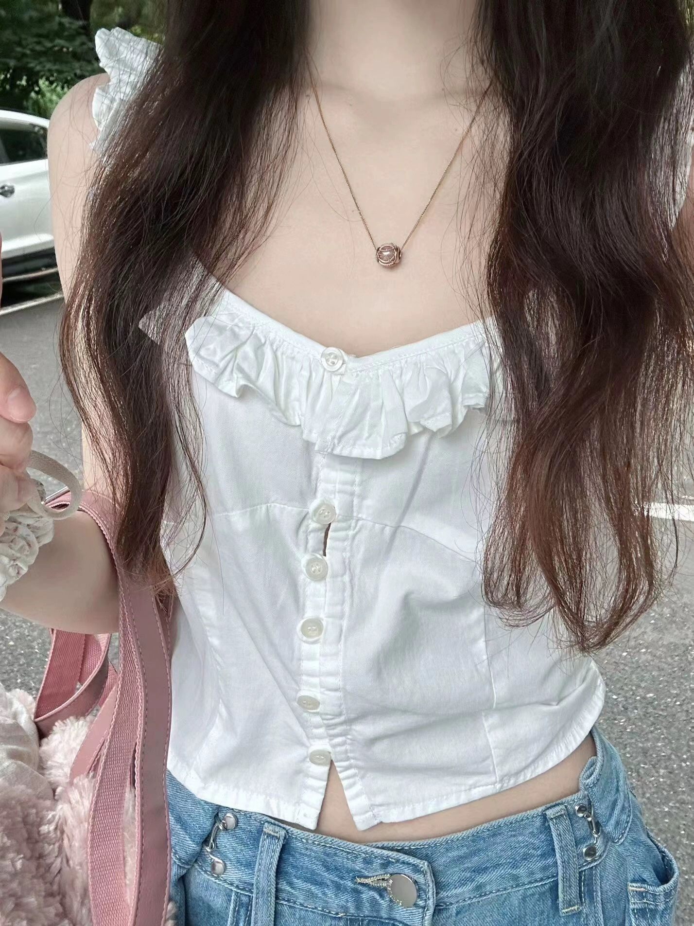 Brandymelody Pure Cotton Vải Bông Viền Gòe Tay Ngắn Áo Hai dây/Áo Cami Phụ Nữ Mùa Hè Áo Tay Bay Nhỏ 