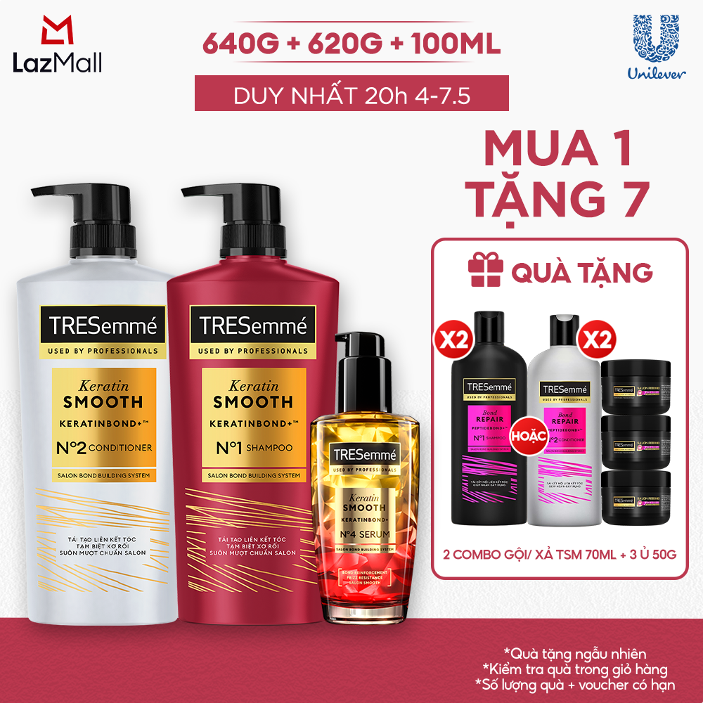 Combo Dầu Gội, Dầu Xả, Serum TRESemmé Keratin Smooth Keratinbond+ 640g, 620g, 100ml Cho Tóc Khô Xơ Rối Vào Nếp Suôn Mượt