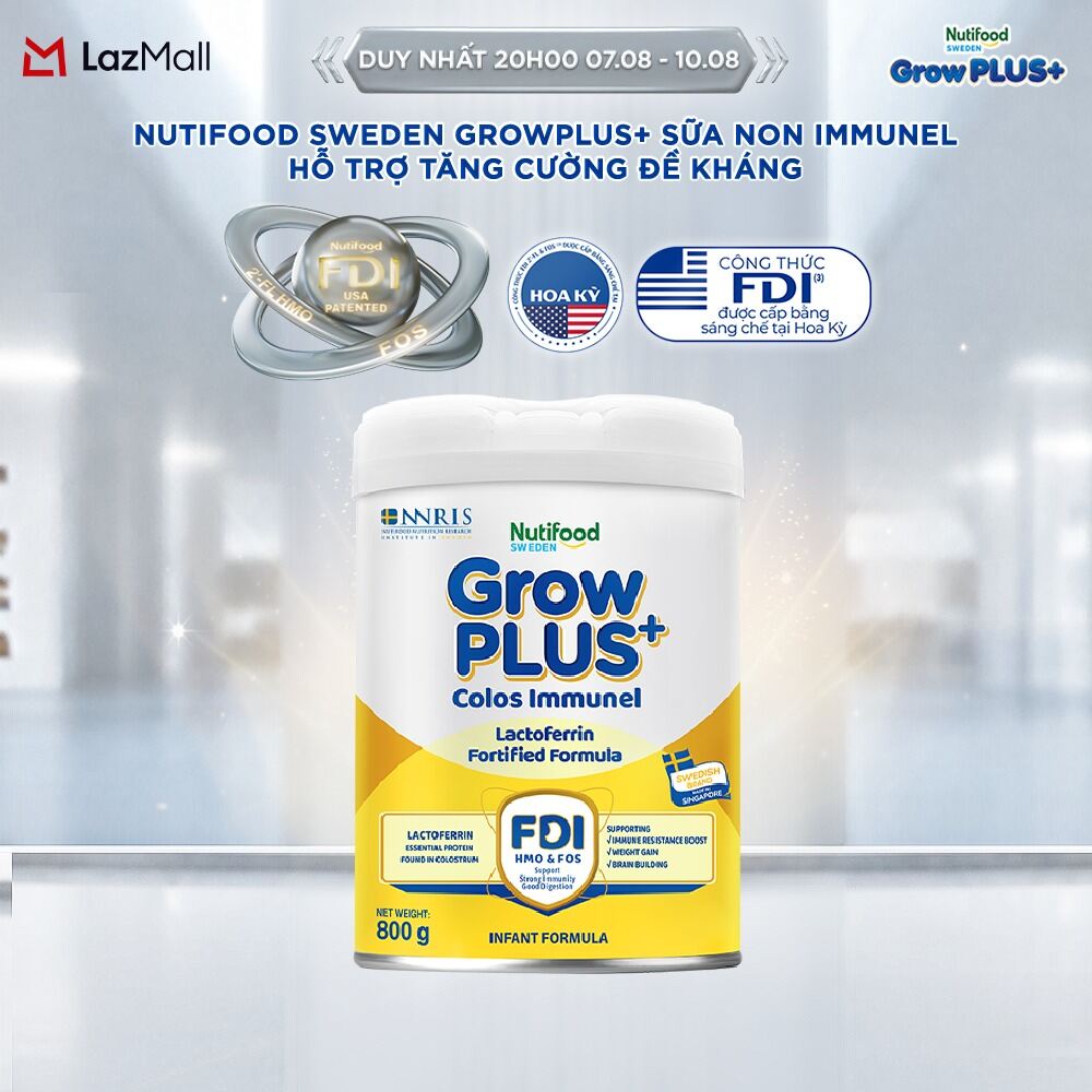 Sữa Bột Nutifood Sweden GrowPLUS+ Sữa Non Immunel từ 0 - 12 tháng lon 800 g (Bao bì tuỳ lô hàng)