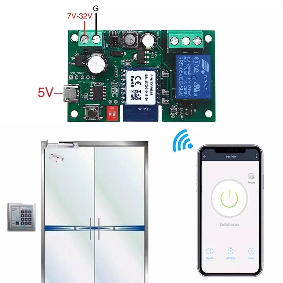Module điều khiển Tuya (12V 24V 1CH Wifi+RF) mở khoá cổng, cửa, khoá nam châm điện RFID qua điện thoại