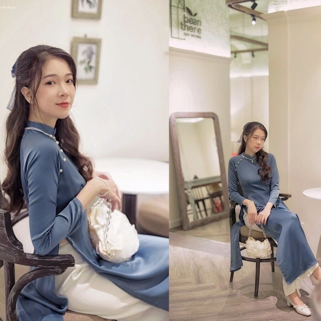 Áo dài cách Tân nữ, áo dài lụa màu xanh đá đính hạt tinh tế lụa mềm mịn mát