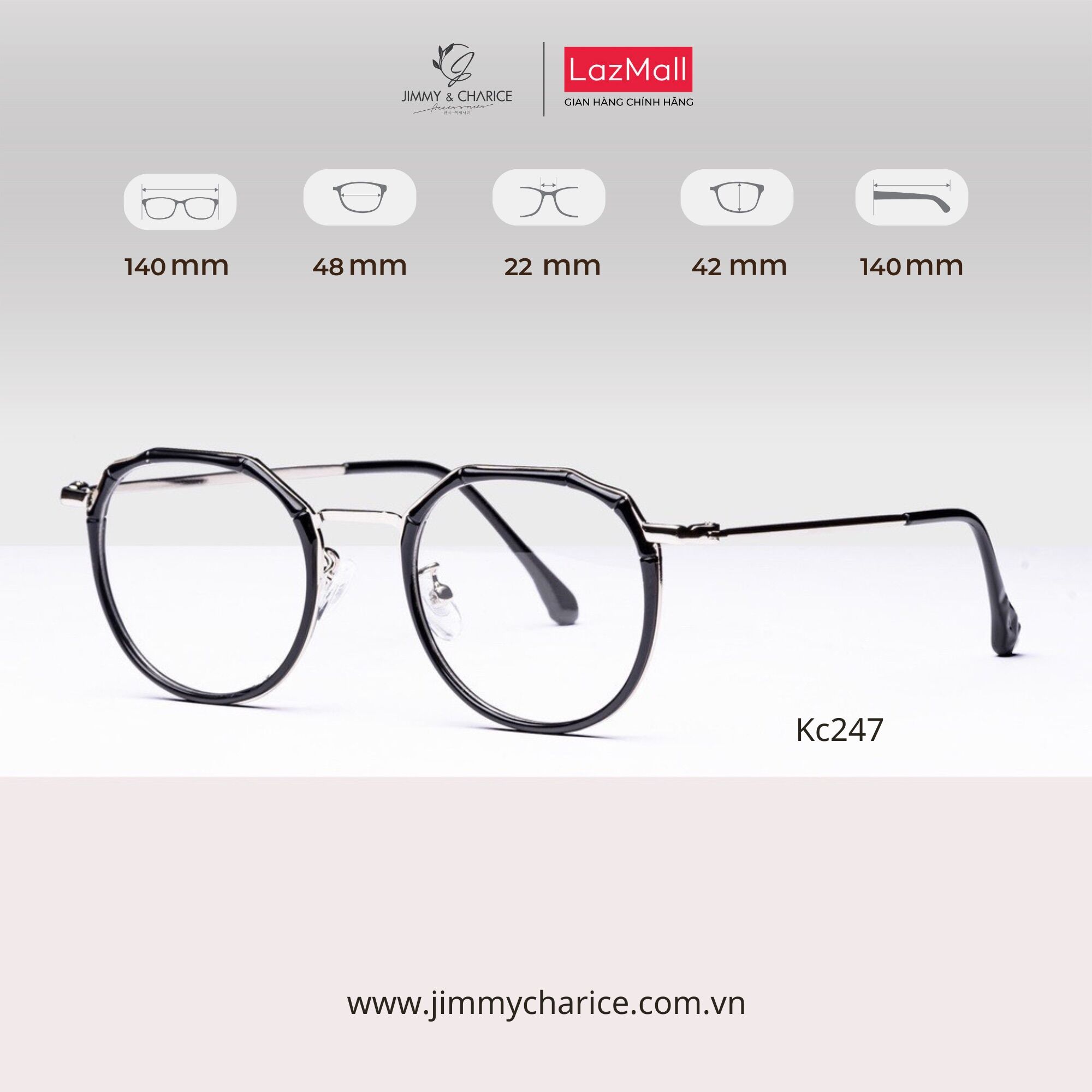 Gọng Kính Cận Nữ Jimmy & Charice Mặt Đa Giác Gọng Kim Loại Cao Cấp Có Cắt Cận Loạn Viễn Theo Yêu Cầu