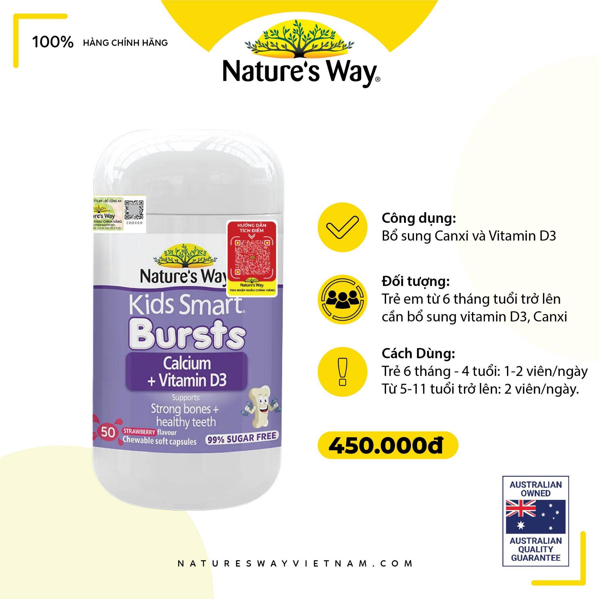 [Chính hãng Nature's Way] Viên nhai Canxium + D3 giúp bé cao lớn, răng xương chắc khỏe