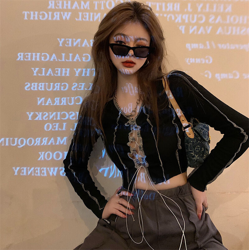 Phong Cách Đường Phố Áo Thun Dài Tay Hiphop Nữ Ôm Vừa Vặn Dây Rút Gợi Cảm Cay Bé Gái Phong Cách Ham 