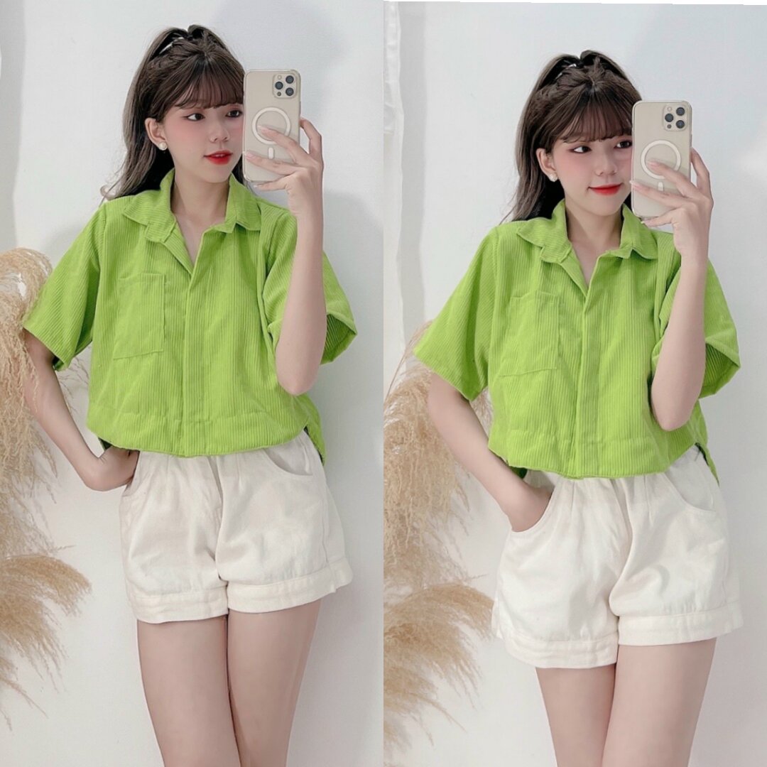 Áo Sơmi Nhung Tăm Croptop