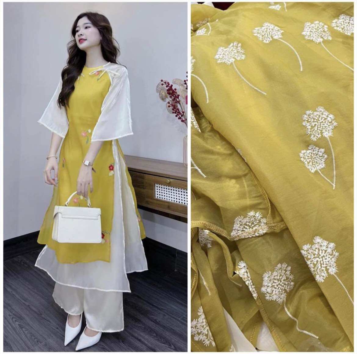 Set áo dài bồ công anh tay phối trắng