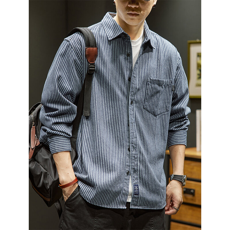 Áo Sơ Mi Kẻ Sọc Cổ Điển Kiểu Mỹ Áo Sơ Mi Bò Cỡ Lớn Rộng Rãi Kiểu Nhật Dài Tay Cho Nam Áo Khoác Mẫu Mỏng Xuân Thu Cho Nam Sành Điệu