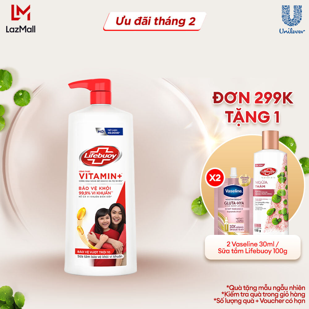 Sữa tắm Lifebuoy 1Kg Bảo vệ vượt trội 10 giúp bảo vệ khỏi 99.9% vi khuẩn và ngăn ngừa vi khuẩn lây l