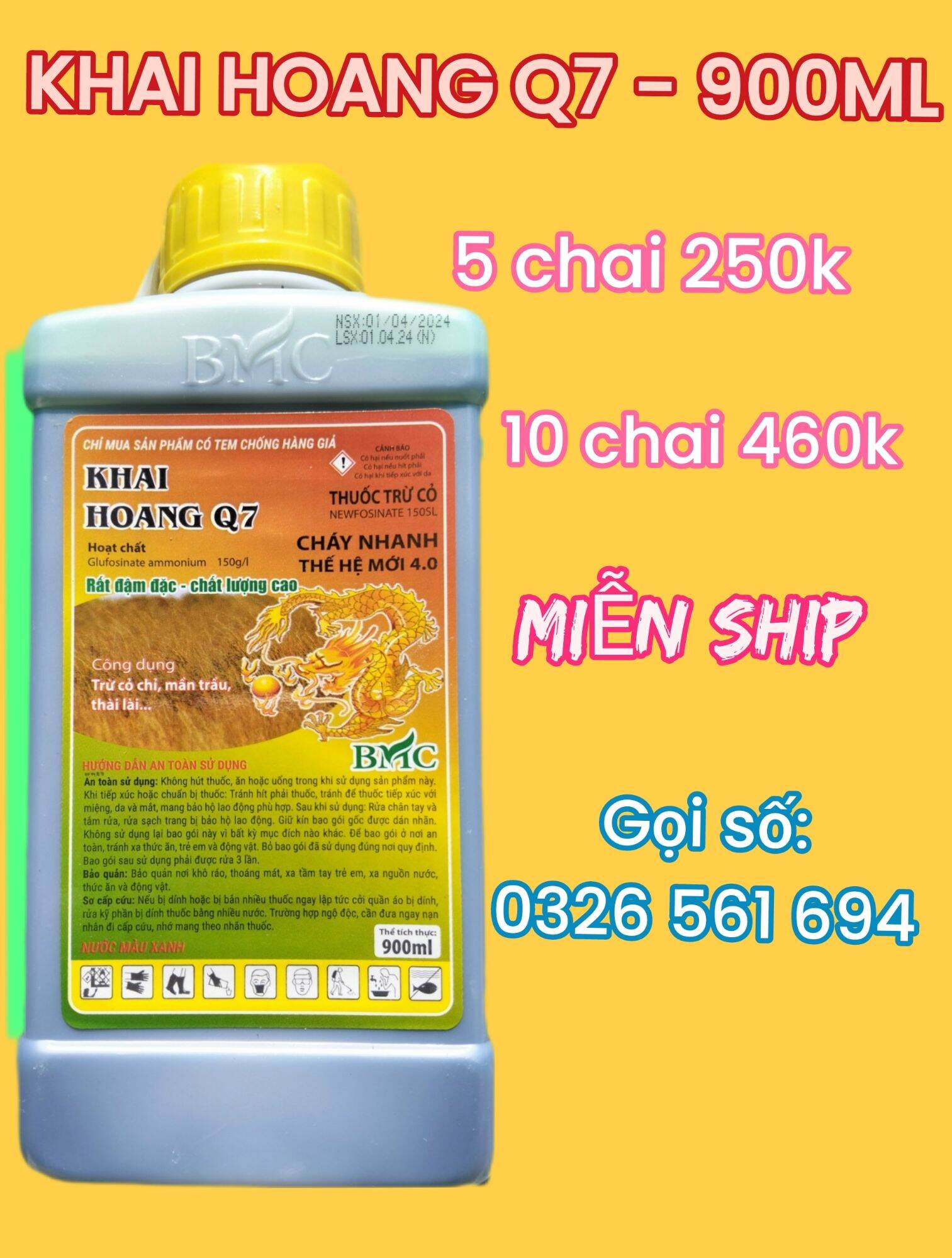 Khai hoang Q7 chai 900ml cỏ cháy nhanh hiệu quả