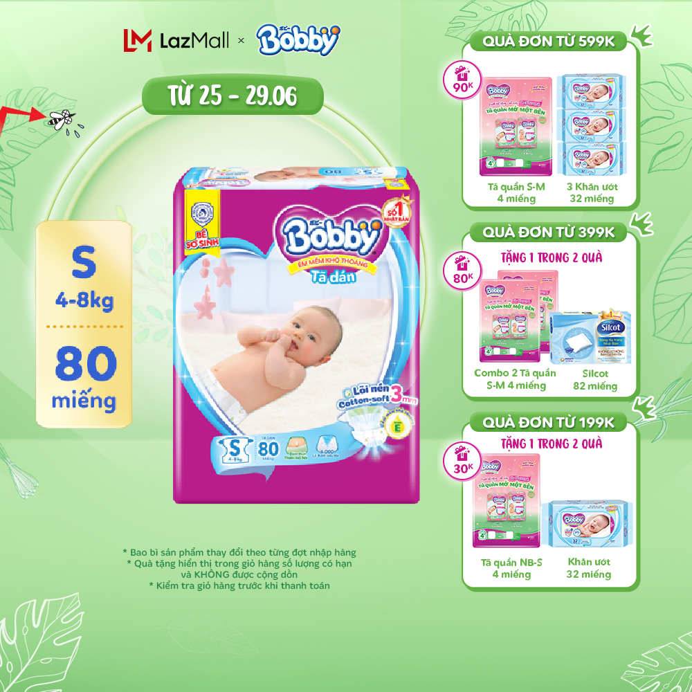 Tã dán Bobby siêu thấm - khô thoáng S80