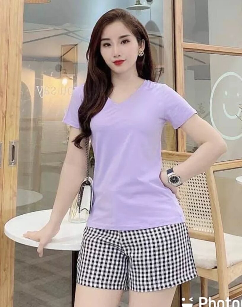 Set áo thun cổ tim và quần short size L, XL ( từ 42kg-60kg)