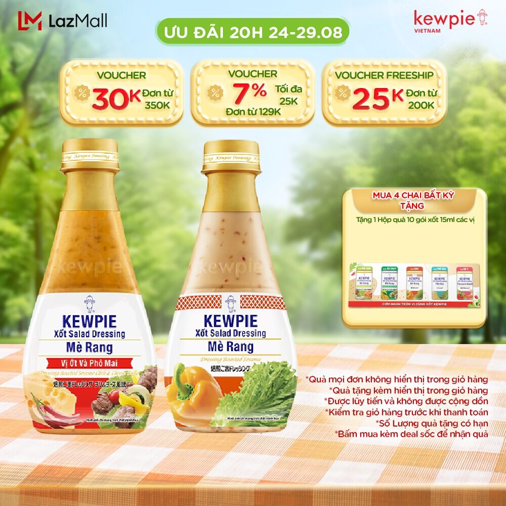 Combo salad thịt nướng kewpie: xốt salad dressing mè rang 210ml & mè rang vị ớt & phô mai 210ml