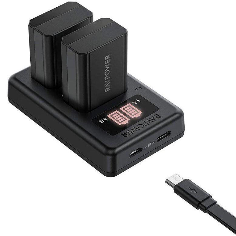 [Thanh lý xả kho] RAVPower Sony FW50 NP-FW50 - Pin và Dock Sạc đôi Type-C Micro USB LCD Sony ZV-E10 