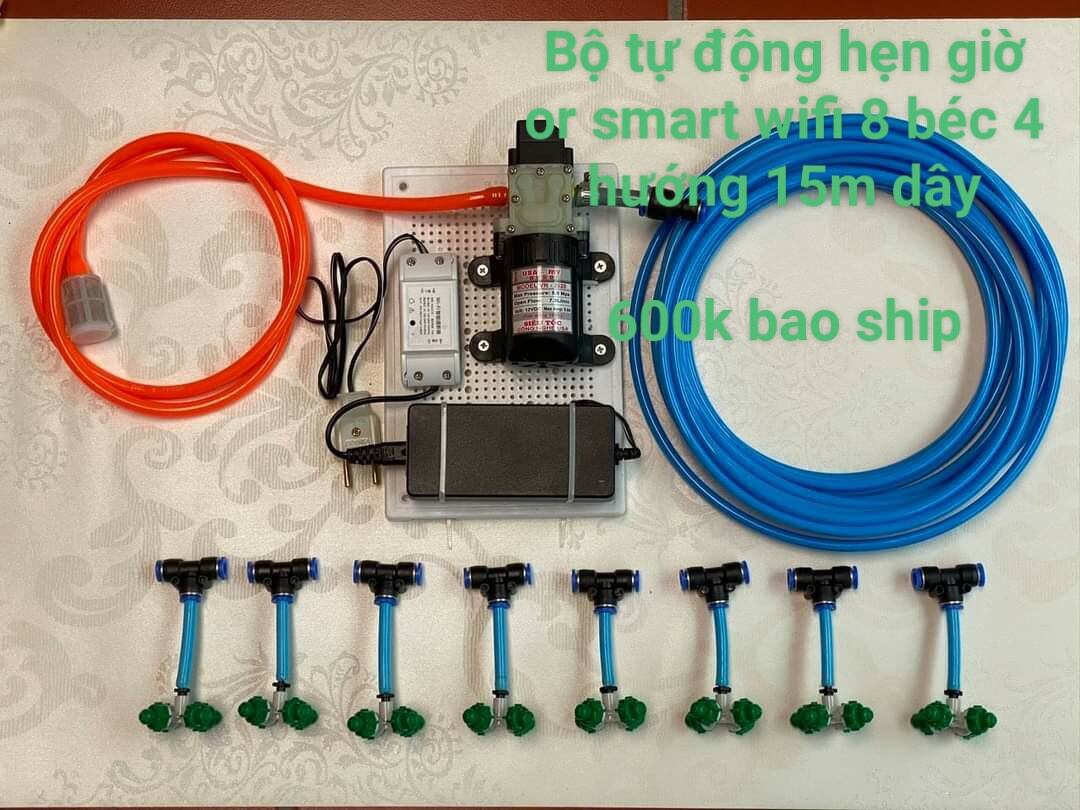 [Đã ráp sẵn] Bộ phun sương tự động bơm đơn, đôi 6 - 20 béc 4 hướng (hẹn giờ, smart wifi bằng điện thoại) Sinleader tưới cây, tưới lan, tưới rau làm mát mái nhà cho giàn lan 10 30m2