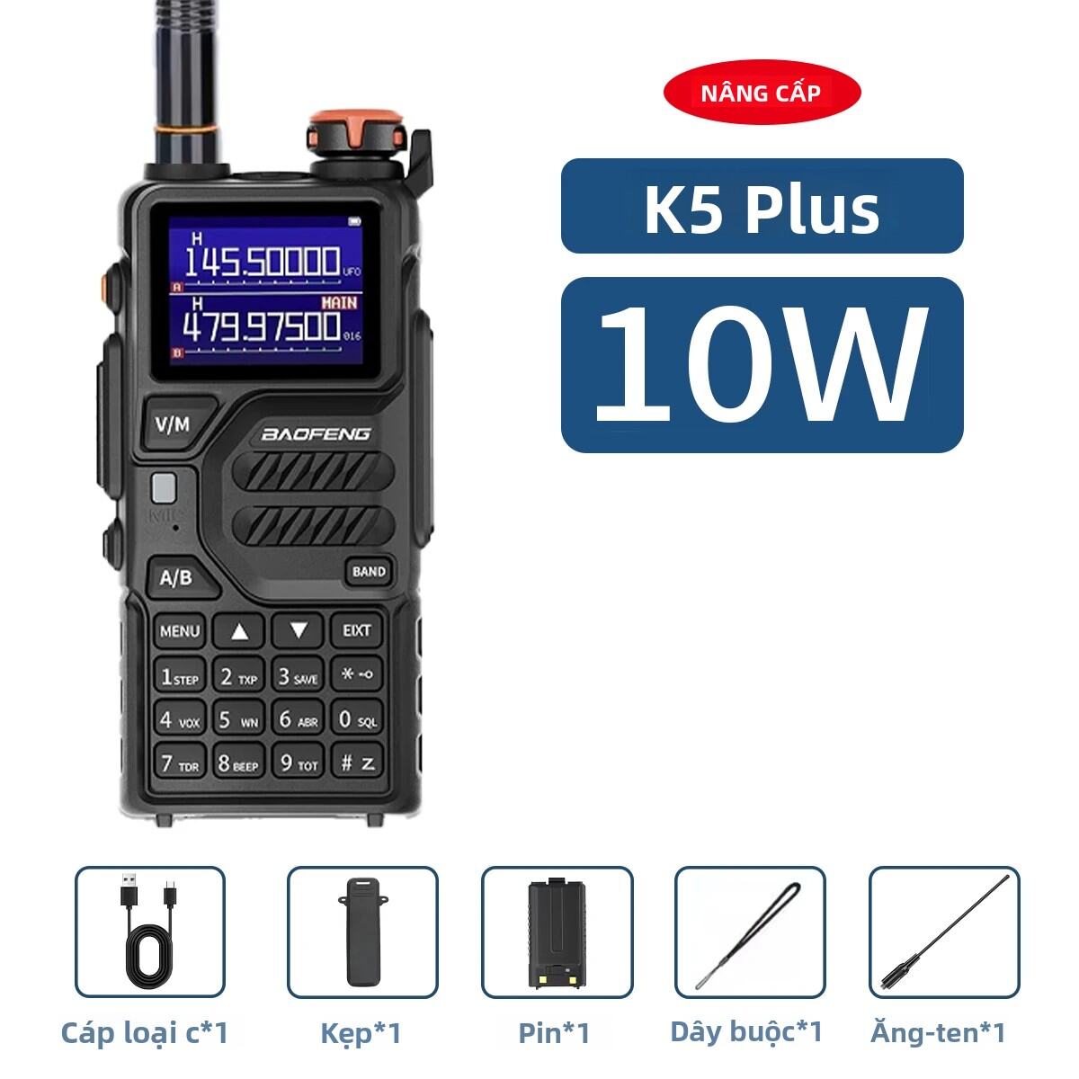 Máy Phát Thu Cầm Tay Đa Băng Tần Baofeng K5Plus 10W UHF/VHF Radio Nghiệp Dư 999 Kênh Pin 2500mAh Tầm