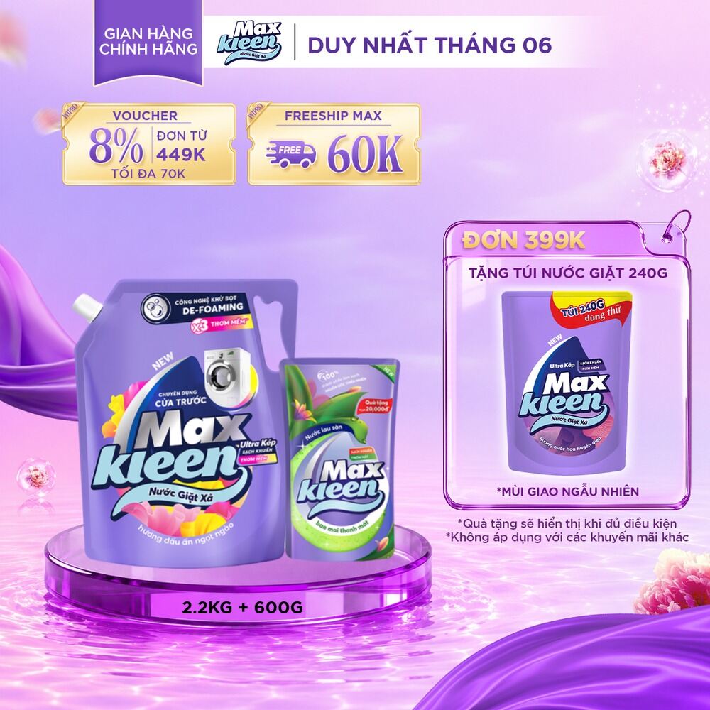 [Tặng kèm Túi lau sàn 600g] Nước giặt xả cho máy giặt cửa trước MaxKleen hương Dấu Ấn Ngọt Ngào 2.2kg
