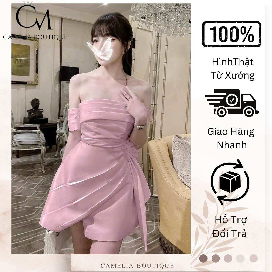 CAMELIA BOUTIQUE- Đầm trễ vai xếp eo hoa KTCS200