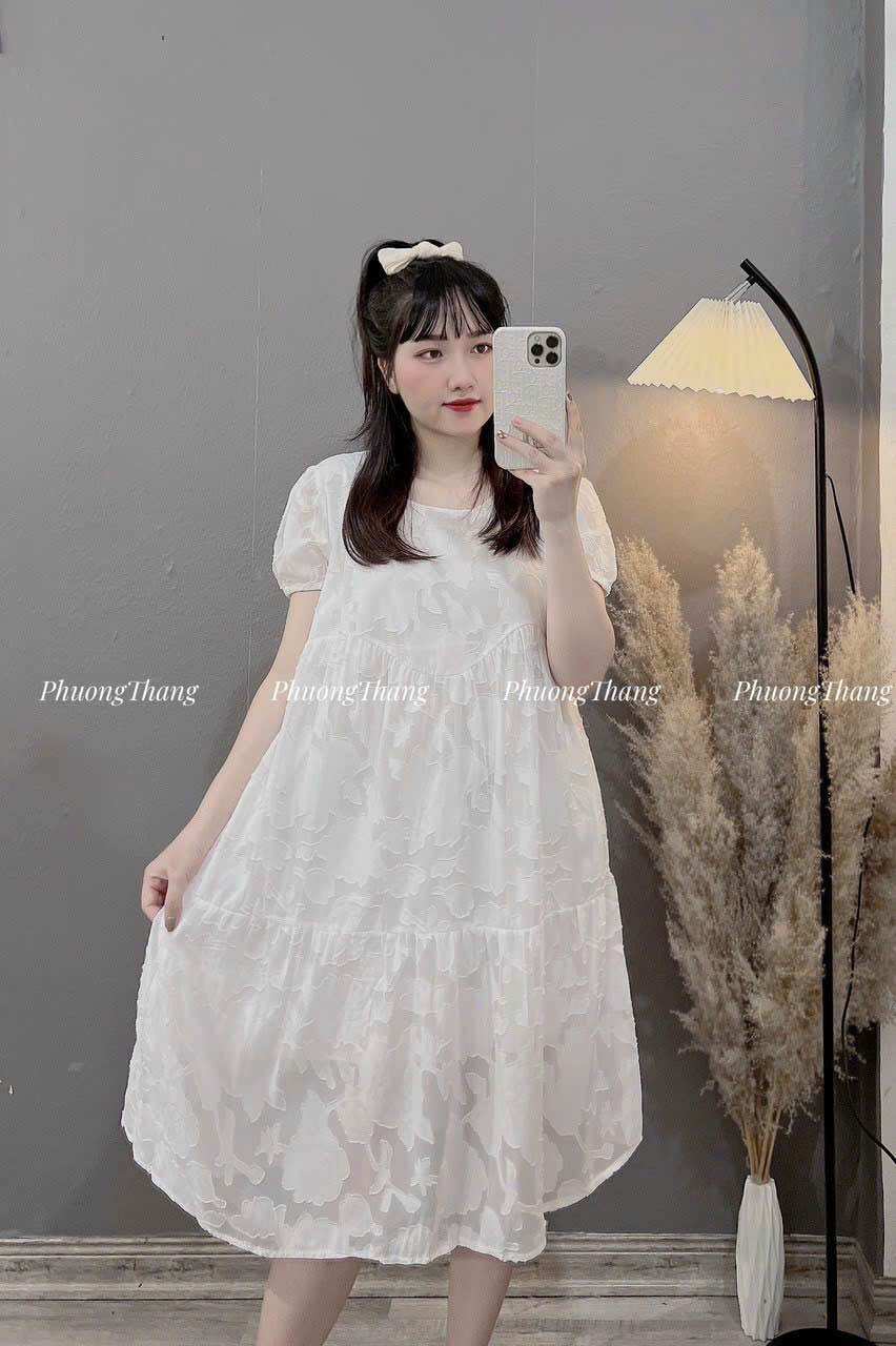 Đầm bầu trắng dự tiệc hoa vân nổi 2 lớp